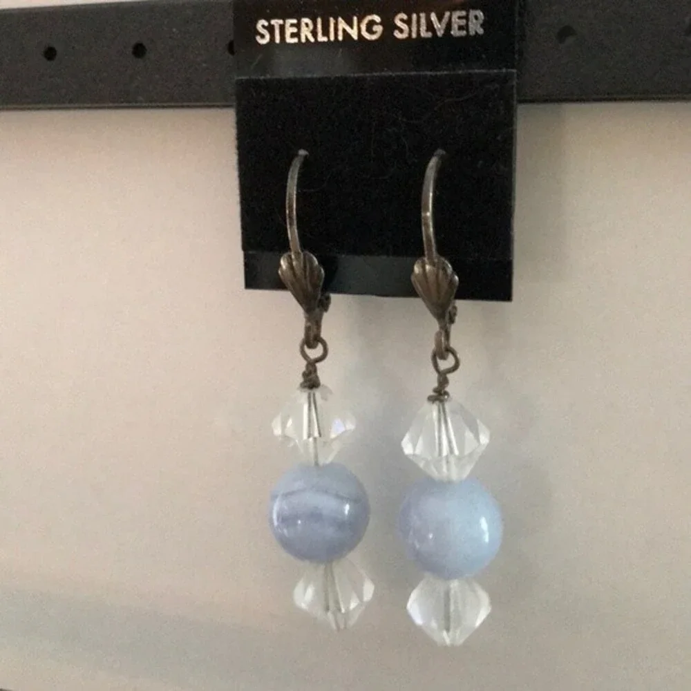 Vintage Handmade Blue Lace Agate Sterling Silver Swarovski Crystal Drop Earrings